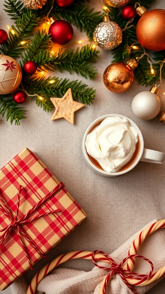 A cozy Christmas flat lay with a gift box, hot cocoa, and fairy lights.